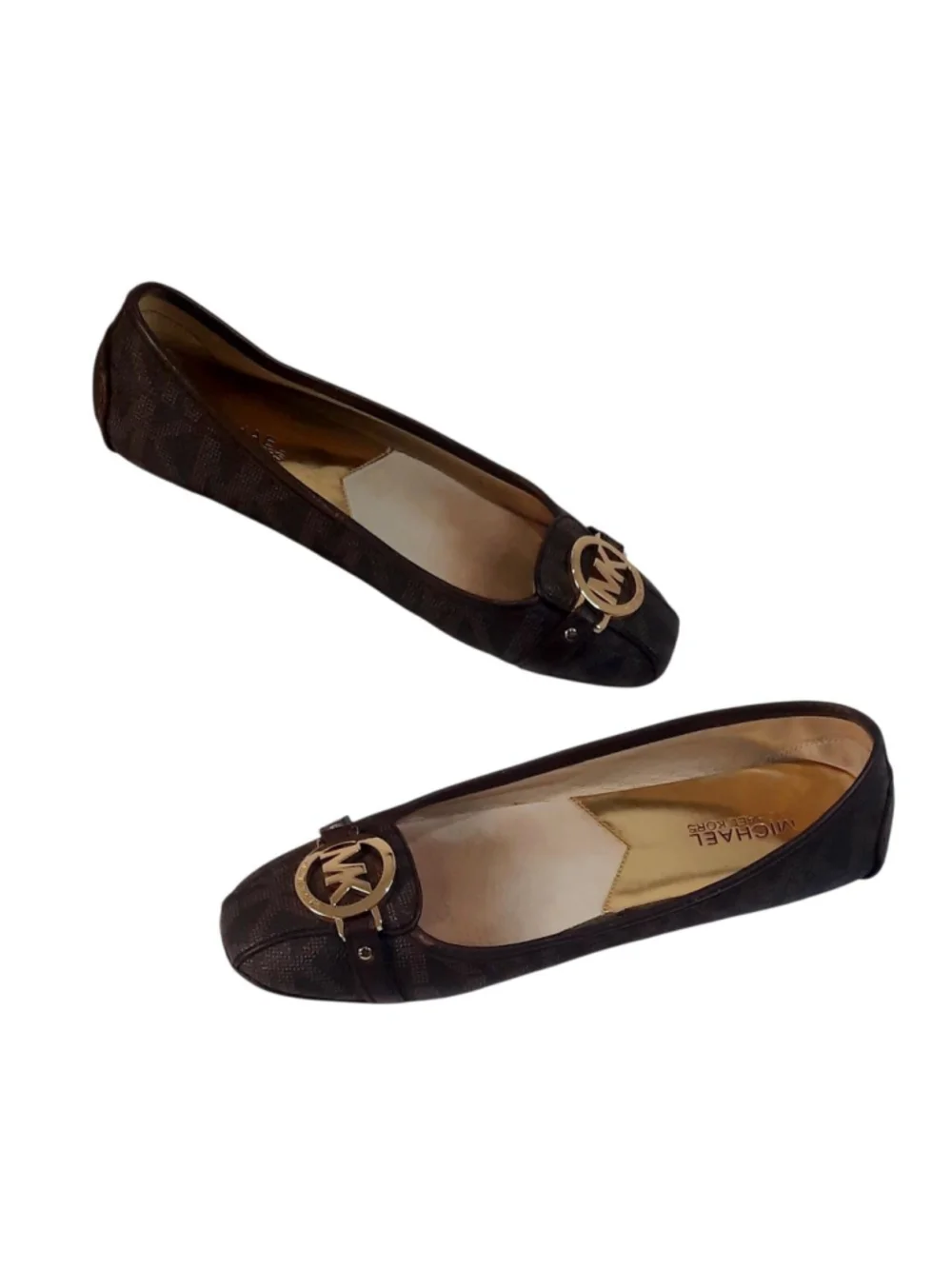 Michael Kors Fulton moccasin flats in brown logo PVC with gold hardware size 8.5